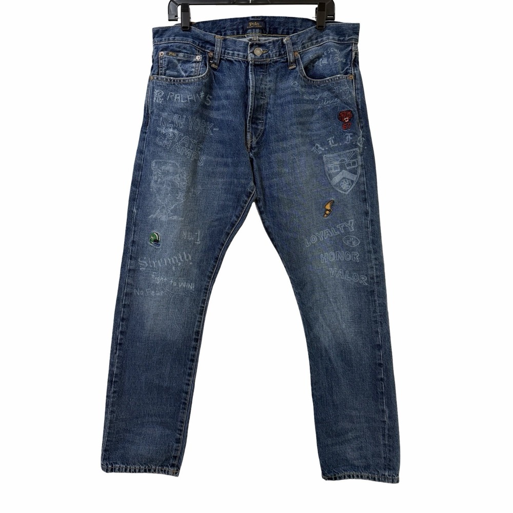 POLO Ralph Lauren The Varick Slim Straight Embroidered Jeans Mens 34x32 Blue